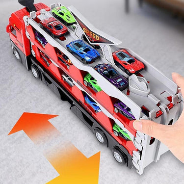 MegaTransporter | Diversión de carreras sin fin - Remolque de juguete con coches y pista de lanzamiento